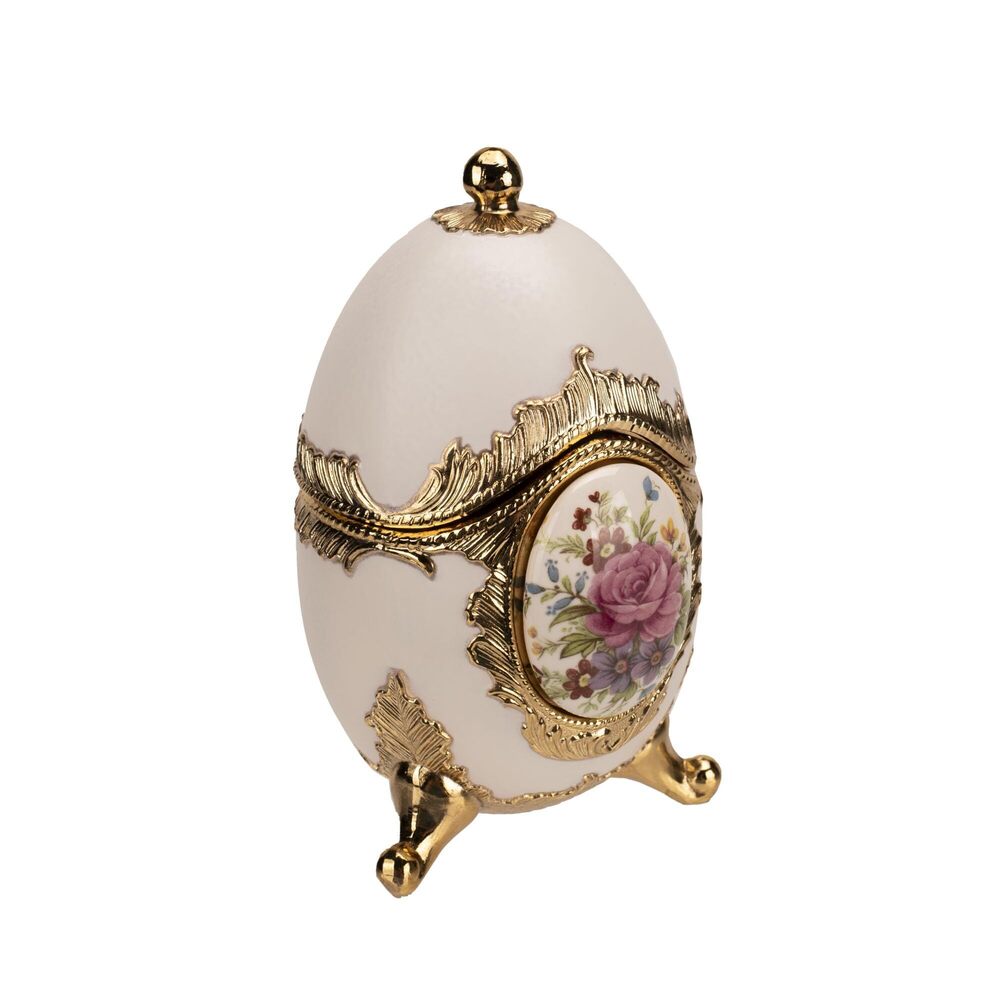 8590 Musical Trinket Faberge Style Egg Jewelry Box, Cream and Gold Tone